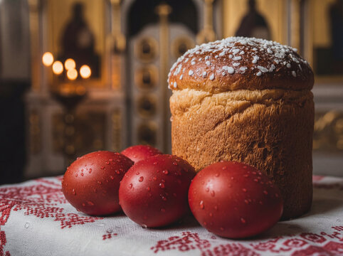 Traditional Orthodox Easter Still Life with Kulich and Red Eggs in Church