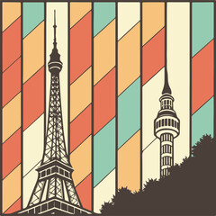 Obraz premium Eiffel Tower and Urban TV Tower Skyline – Colourful Retro Geometric City Illustration