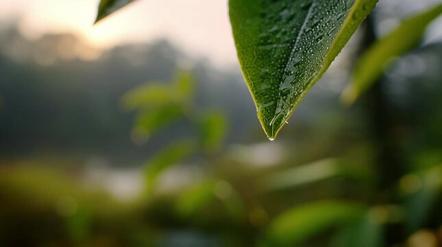 A single dewdrop glistens on a leaf at sunrise, capturing the essence of morning.