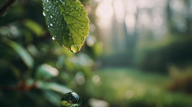 A single drop of water hangs from a green leaf after the rain