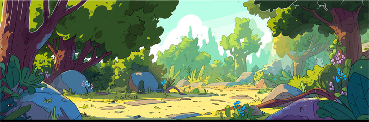 a sunny forest clearing. The scene features large trees with thick trunks and green foliage framing a grassy path scattered with grey rocks and small blue flowers. The background shows a bright sky © laurence