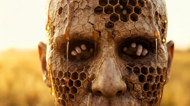A person showcases a unique makeup design with honeycomb patterns on their face. Bees are visible on the model's eyes. The setting sun creates a warm light over an open field