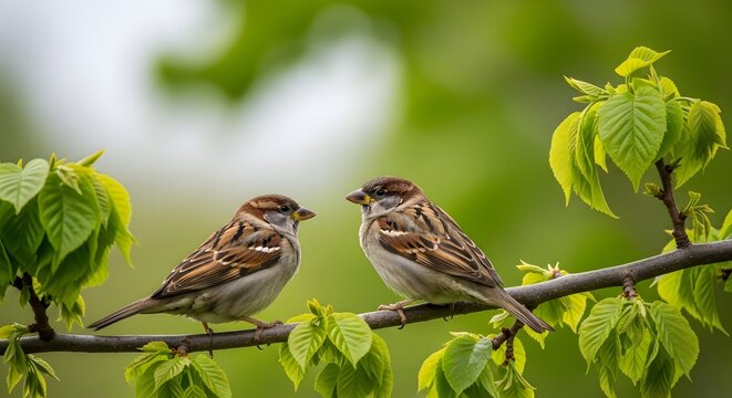 Pair of sparrows sitting on a branch surrounded by fresh green leaves