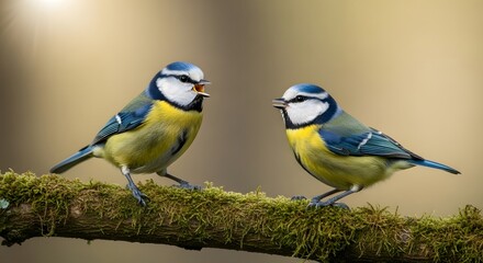 Obraz premium Two blue tit birds on mossy branch