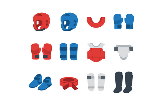 Collection of martial arts protective gear and equipment for combat sports training