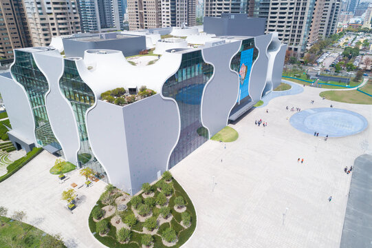 Taichung, Taiwan - February 25, 2018: National Taichung Theater is a famous landmark of Taichung. Panoramic aerial view shot in Xitun District, Taichung, Taiwan.