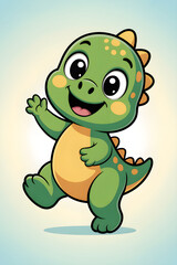 Obraz premium Green baby dinosaur smiling waving happy friendly cartoon
