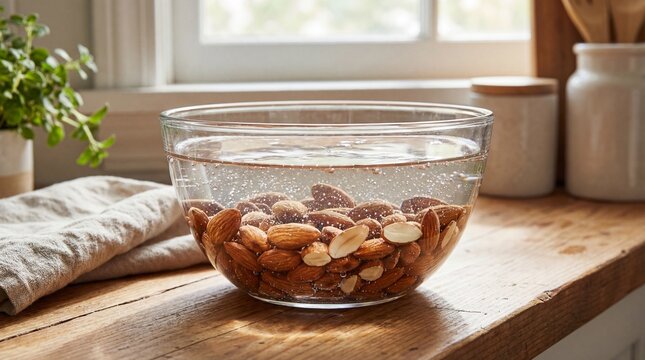 Soaking almonds in water in glass bowl on wooden counter