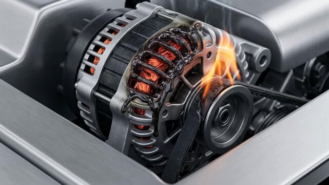 An alternator shows sparks and flames while operating in a car engine. This highlights potential overheating and failure risks during engine performance