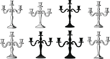 Vintage candelabra icon set, antique candle holder silhouettes, baroque style chandelier illustrations, retro engraved lighting decor, classical interior design elements on white background