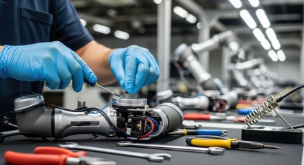 Close up of hands assembling a robotic arm on a manufacturing line, for automation, industrial robotics, and smart factory technology topics.