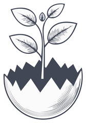 Obraz premium Delicate sprout growing from cracked eggshell, illustration of life and growth.