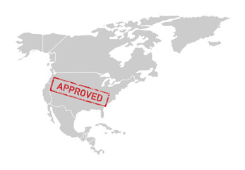 Obraz premium Outline of the continent of North America with red lettering saying APPROVED for USA. Grunge red approved stamp