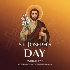 Fototapeta premium St Joseph's Day celebration illustration with saint holding lily and carpenter tools on golden background faith family festivity vector art