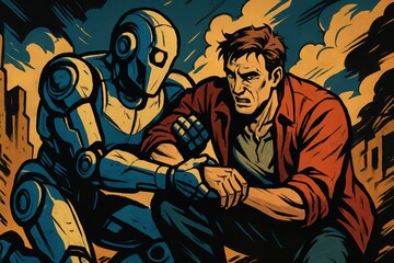 Man and robot face danger together amidst explosions in a city as they prepare for a fight in a dynamic setting filled with tension