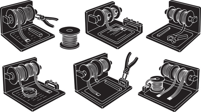 Wire spool and tools on various workstations illustration set