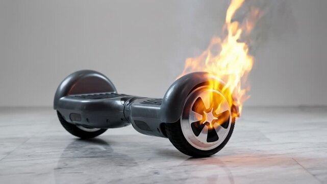 A hoverboard malfunctions and catches fire in an indoor setting. Flames and smoke emerge from the device, creating a hazardous situation. Quick response is crucial to prevent injury