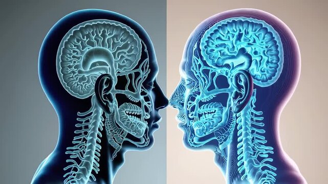 3D CGI medical illustration split-screen: healthy olfactory system versus impaired olfactory system, subtle color differentiation, clean labels-free design, scientific clarity