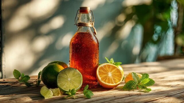 A chilled glass bottle of kombucha on a sunlit wooden table, condensation droplets visible, fresh citrus slices and mint leaves around, bright natural daylight