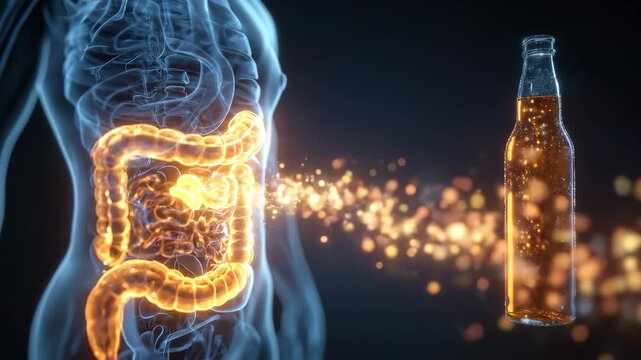 3D medical visualization linking kombucha to gut health, transparent human digestive system silhouette combined with a kombucha bottle, probiotic flow represented as glowing particles
