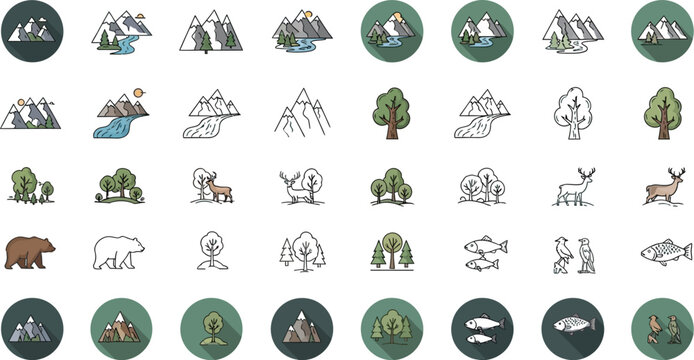 Collection of diverse nature and wilderness icons featuring stylized mountains rivers trees deer bears fish and birds in various artistic styles