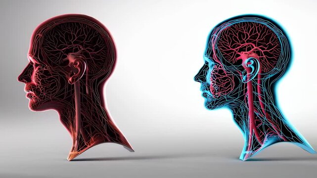 3D CGI medical illustration split-screen: healthy olfactory system versus impaired olfactory system, subtle color differentiation, clean labels-free design, scientific clarity