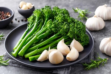 Fresh broccolini and garlic cloves preparing healthy meal