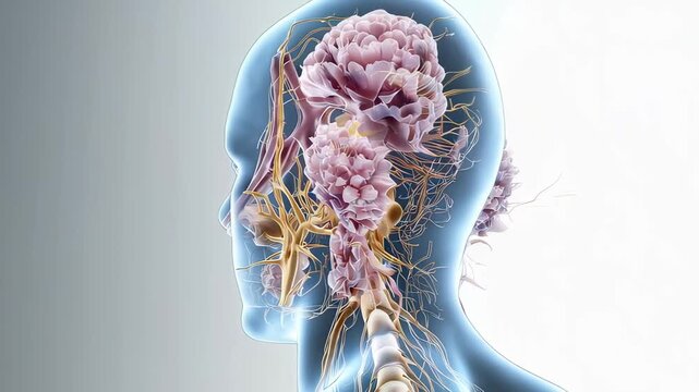 3D medical CGI illustration of the human olfactory system, detailed nasal cavity, olfactory epithelium and olfactory bulb, semi-transparent tissues, clean white clinical background