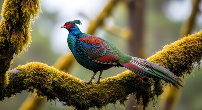 Himalayan monal pheasant perched on mossy forest branch, iridescent metallic feathers shimmering in soft mountain sunlight, natural habitat, shallow depth of field, ultra realistic wildlife photograph