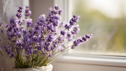 Fototapeta premium Lavender flowers in a pot by a sunlit window