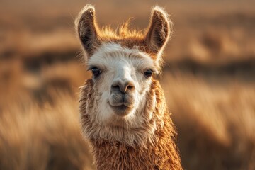 Obraz premium Gentle llama portrait in rural meadow with warm tones