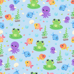 Obraz premium Playful seamless pattern with frogs, octopuses, and colorful fish on a light blue background. Perfect for children’s textiles, featuring cheerful characters and cozy underwater elements.