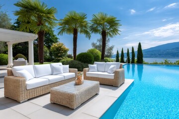 Fototapeta premium Wicker furniture next to infinity pool with lake view