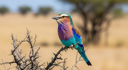 Lilac breasted roller perched on dry acacia branch, vivid blue and lilac feathers, African savanna background, bright natural sunlight, sharp focus, stock wildlife photography