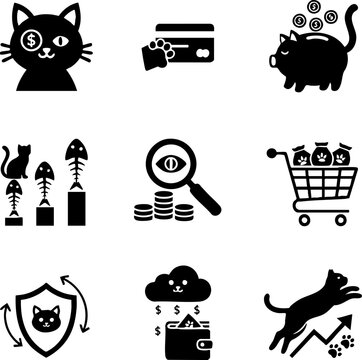 Business and Finance Icon Set Featuring Creative Cat Concepts - Money, Growth, and Banking Silhouettes.