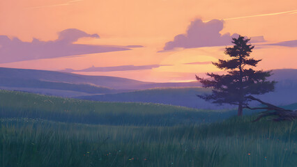 Obraz premium Serene landscape with a lone tree at sunset in a peaceful meadow.