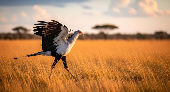 Secretary bird walking gracefully through tall grass, wings slightly open, African plains, cinematic wide shot, warm afternoon light, ultra realistic