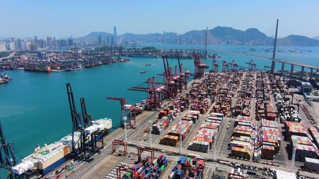 A dynamic aerial time-lapse of a bustling logistics port, where synchronized cranes load colossal ships under a dramatic, time-compressed sky.