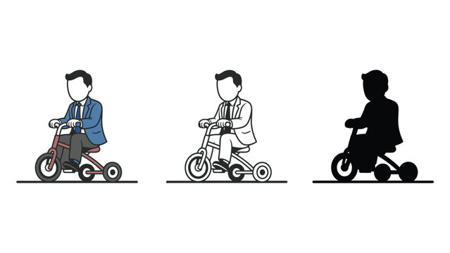 A man in a suit rides a tricycle in three different styles.