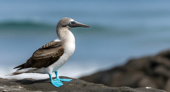 Blue footed booby standing on rocky shore, bright blue feet visible, coastal background, clear daylight, realistic wildlife photo style