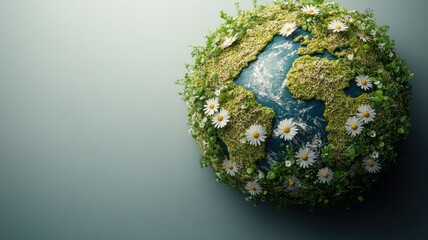 Fototapeta premium Lush Green Earth Globe Covered in Daisies and Plants globe green lush plants daisies planet world ai