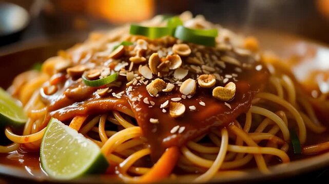 Ultra Macro Close Up of Pad Thai Noodles with Glossy Tamarind Sauce 2026