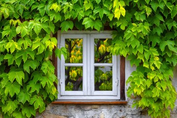 Old window frame on stone wall with green climbing plants