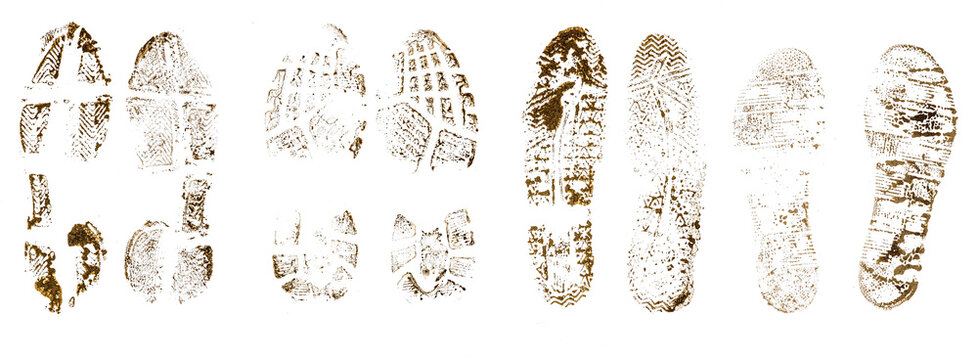 Foot print in wet mud, muddy boots, dirty tracks isolated on white background, clipping path
