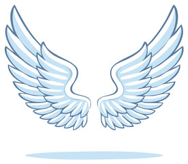 Cartoon illustration of open wings with feathers, isolated on white backdrop. Angel wings, vector
