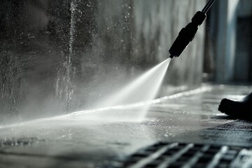 高圧洗浄機の水圧で床面の汚れを洗い流すプロフェッショナル清掃イメージ