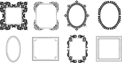 Vintage decorative frame set, ornamental borders and classic shapes, elegant black line art illustration collection