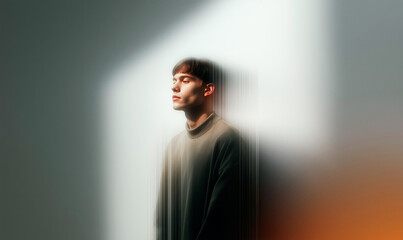 Obraz premium Artistic Side Profile Portrait of Young Man Against White Wall With Abstract Light Reflections and Orange Glow in Dreamy Atmosphere
