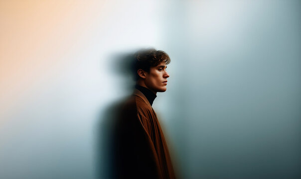 Artistic Side Profile Portrait of Young Man Against White Wall With Abstract Light Reflections and Orange Glow in Dreamy Atmosphere
