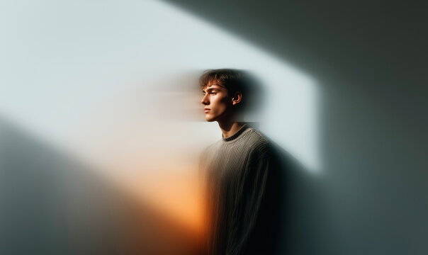 Artistic Side Profile Portrait of Young Man Against White Wall With Abstract Light Reflections and Orange Glow in Dreamy Atmosphere
